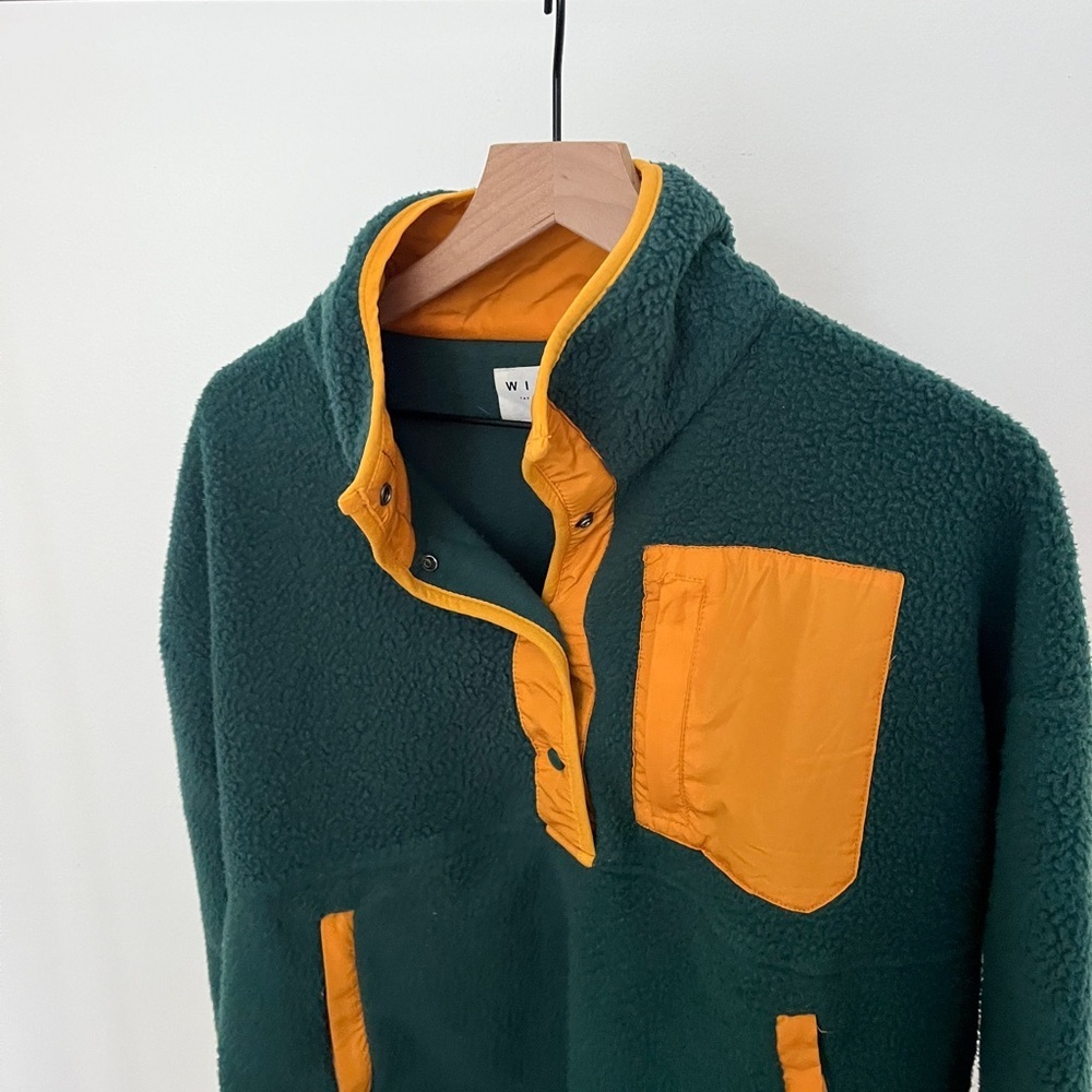 Wilo The Label | Fleece Pullover Boxy Green Long Sleeve Button Front- Small - Picture 3 of 5
